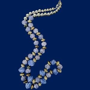 Artisan Beaded Necklace Blue White Silver Tone Boho Statement Mid East Vibe